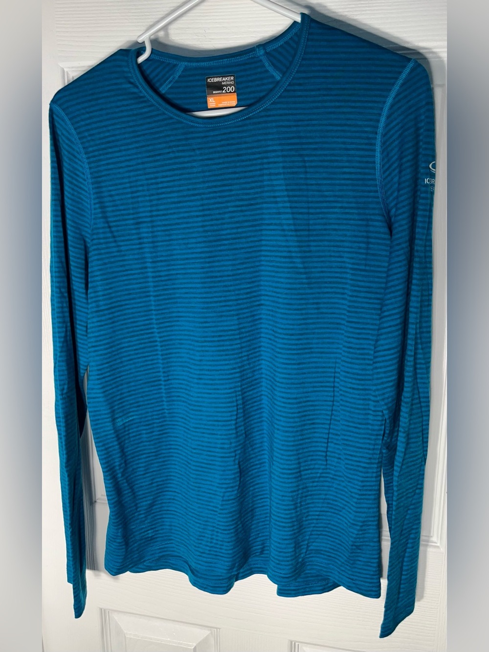 Icebreaker Merino Wool 200 Base Layer Long Sleeve Shirt Thermal Stripe Blue XL